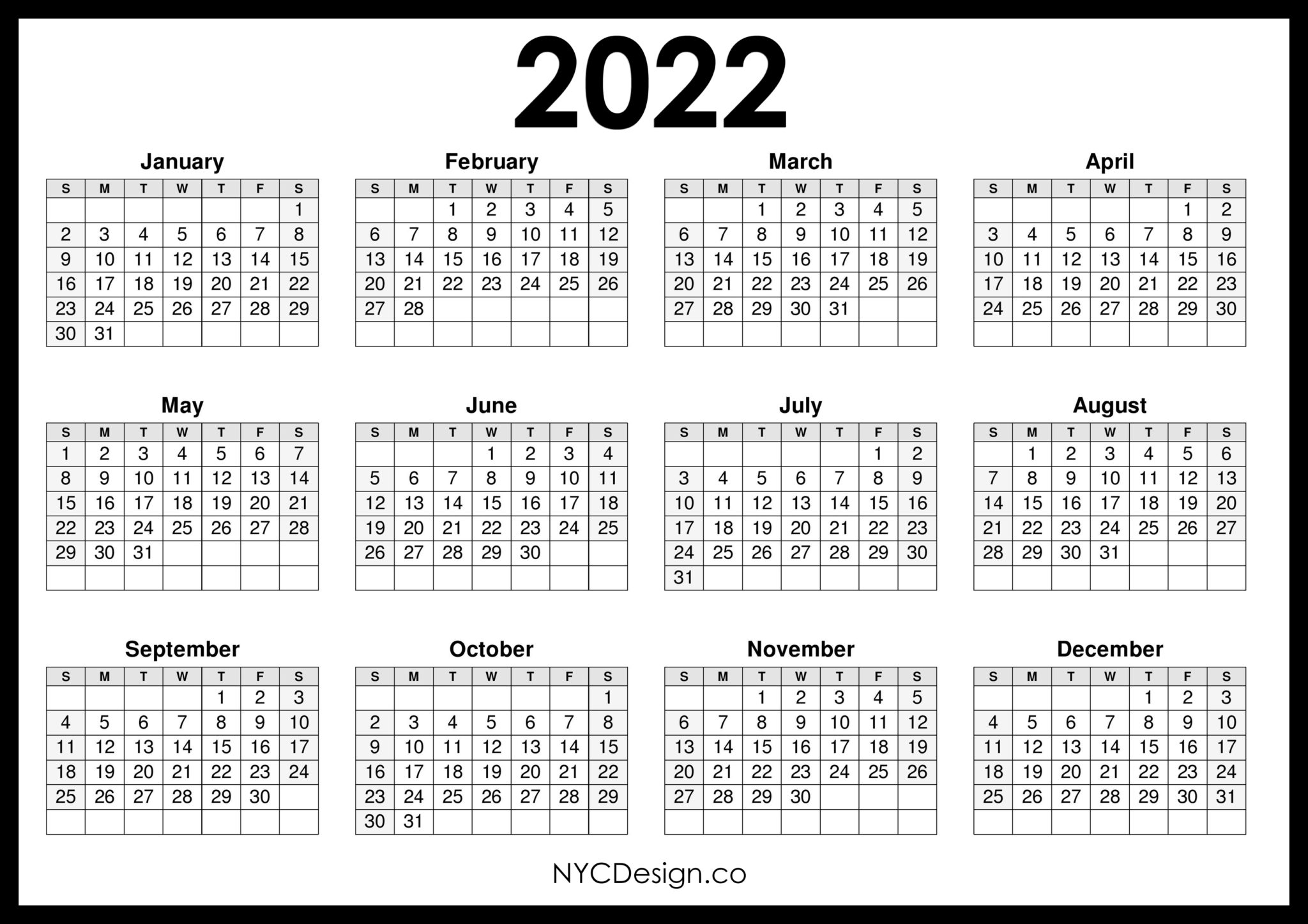 2022 Calendar Printable Free, Horizontal, Black, HD Sunday Start