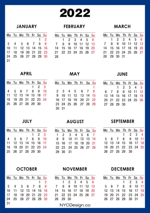 2022 Calendar Printable – A4 Paper Size, Blue – Monday Start ...