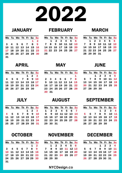 2022 Calendar with US Holidays, Printable Free, Turquoise, Blue ...