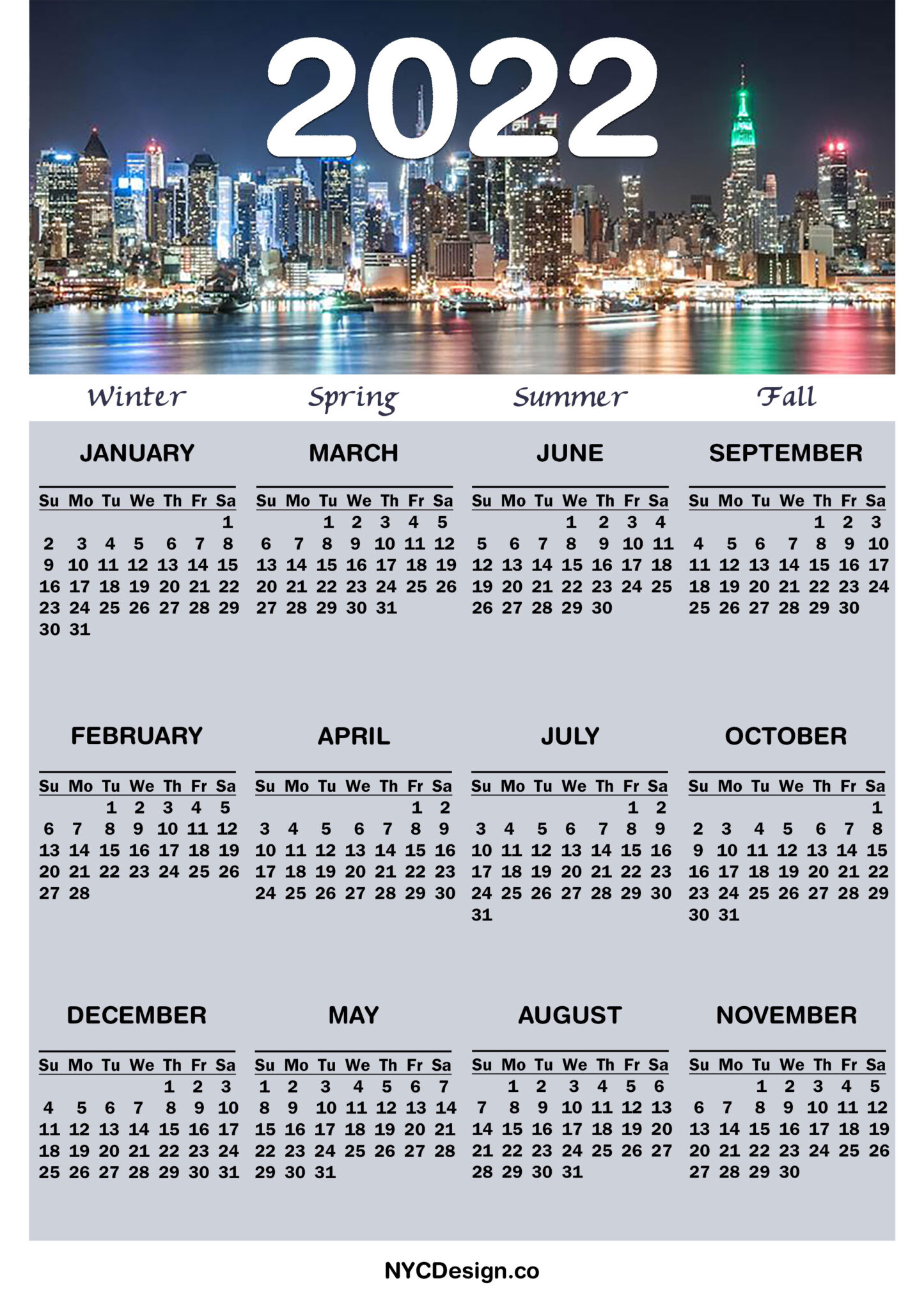 2022 Calendar Printable Free, New York Calendar – Sunday Start