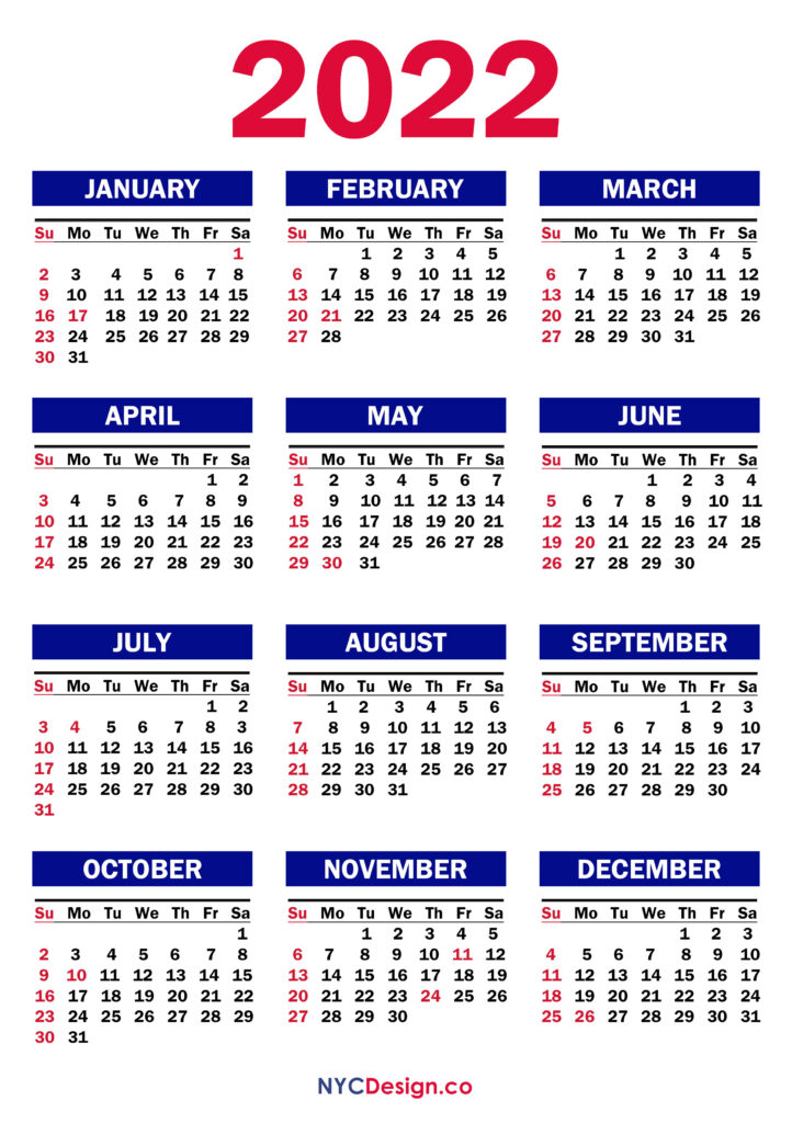 2022 Calendar with US Holidays, Printable, Free, PDF, Blue, Green – SS ...