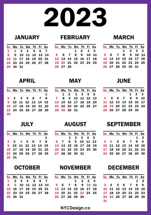 2023 Calendar with US Holidays, Printable Free, Purple – Sunday Start ...