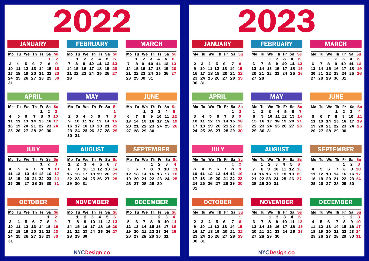 2022 – 2023 Two Year Calendar Printable Free, Colorful, Blue, Green 