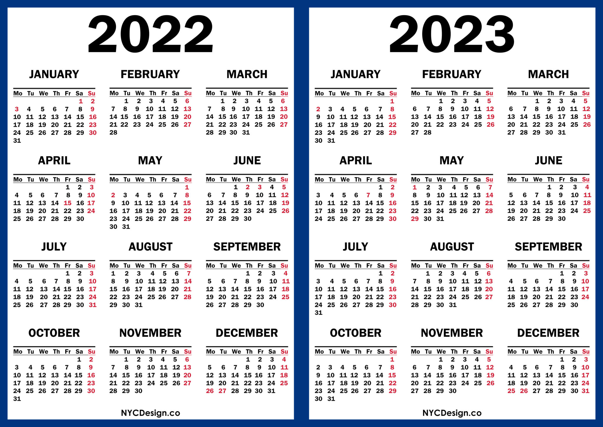 2022 – 2023 Two Year Calendar with UK Holidays, Printable Free, Blue ...