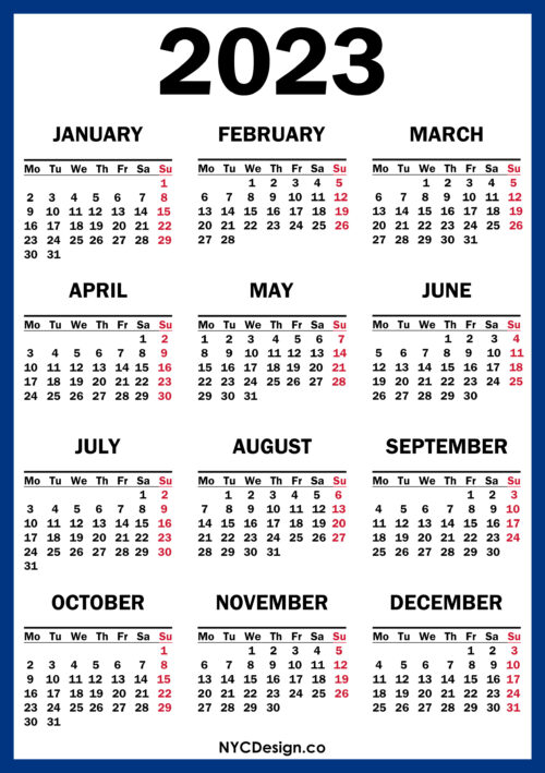 2023 Calendar Printable Free, Blue, Navy – Monday Start – nycdesign.us ...