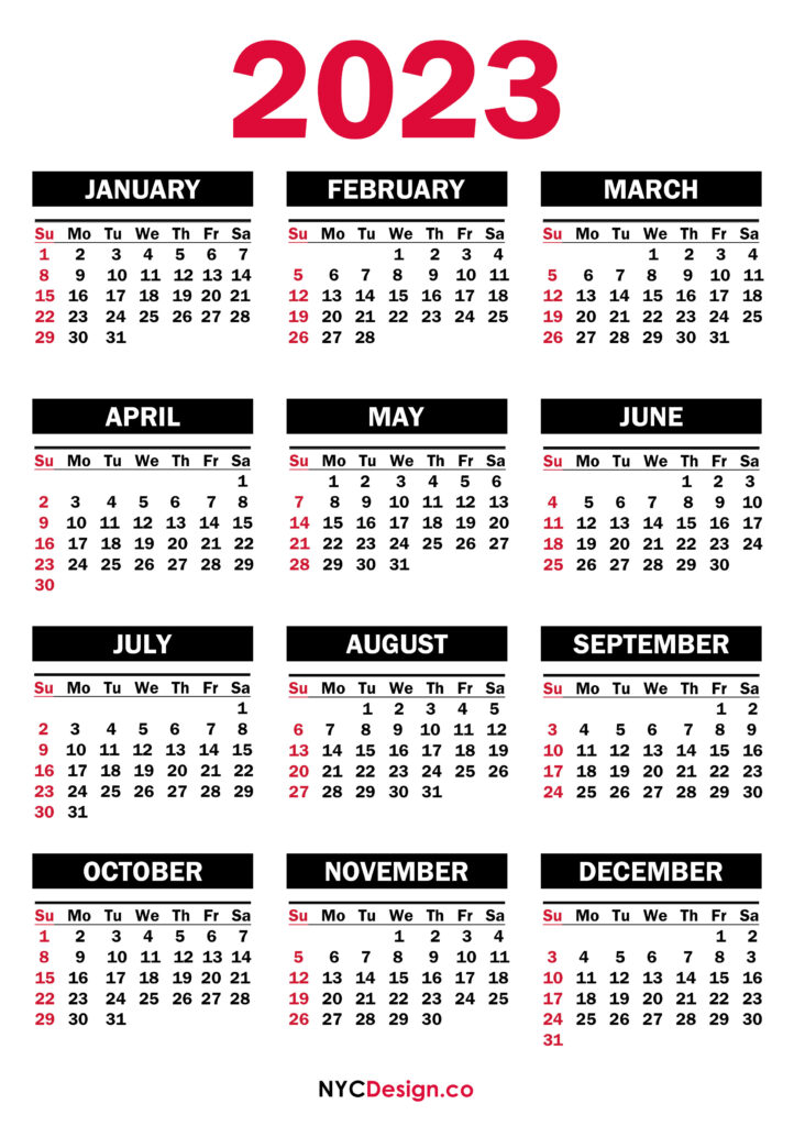 2023 Calendar Printable Free, PDF, Black – SS – nycdesign.us: Printable ...