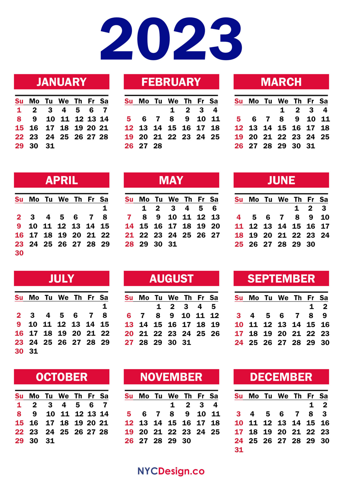 2023 Calendar Printable Free, PDF, Red SS nycdesign.us Printable