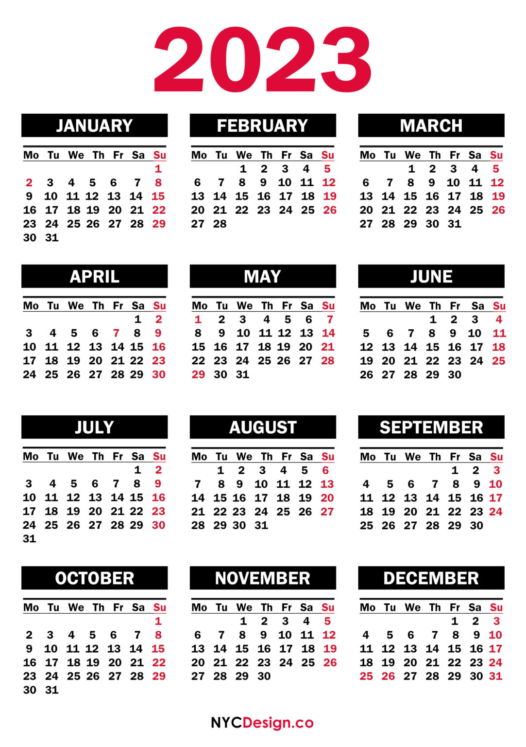 2023 Calendar with UK Holidays, Printable, Free, PDF, Black – nycdesign ...