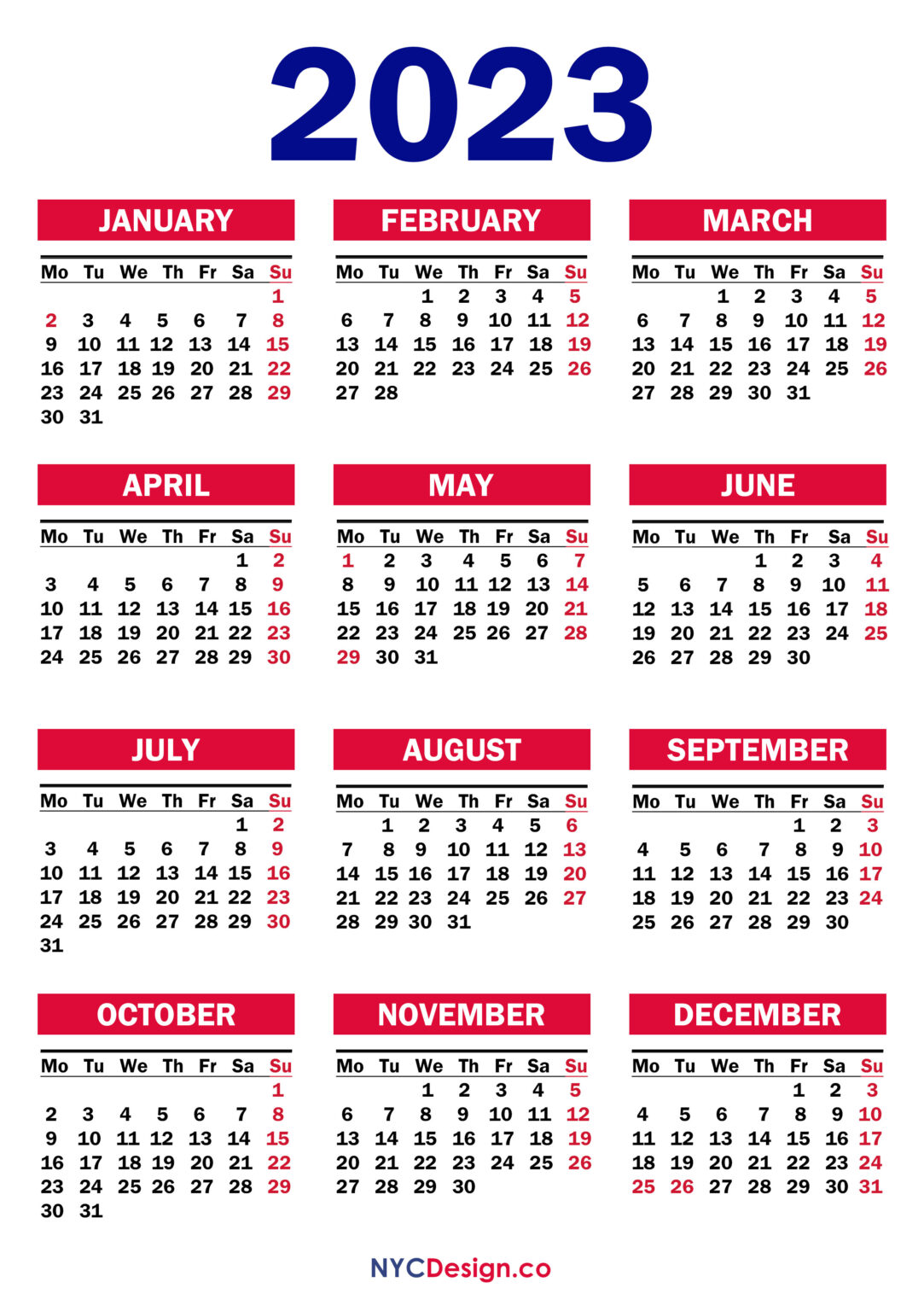 2023 Calendar with UK Holidays, Printable, Free, PDF, Red – nycdesign ...