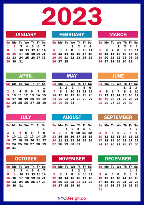 2023 Calendar with US Holidays, Printable, Free, PDF, Colorful, Blue ...