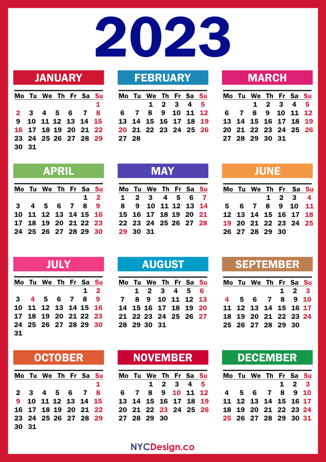 2023 Calendar with US Holidays, Printable, Free, PDF, Colorful, Red ...