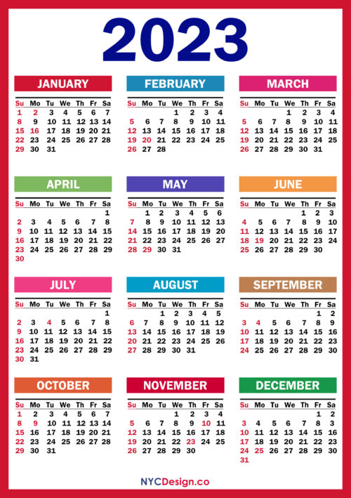 2023 Calendar with US Holidays, Printable, Free, PDF, Colorful, Red