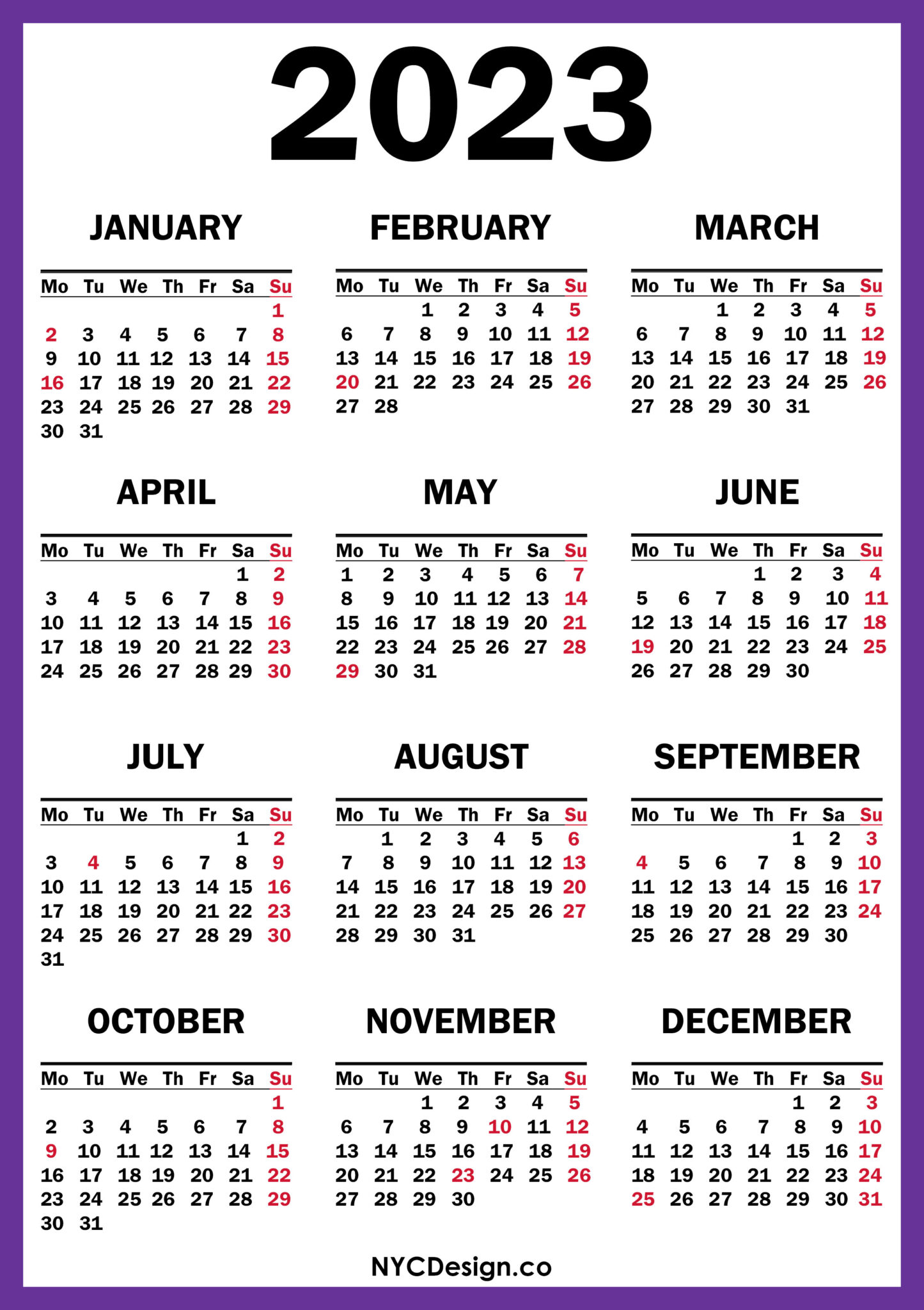 2023 Calendar with US Holidays, Printable Free, Purple – Monday Start ...