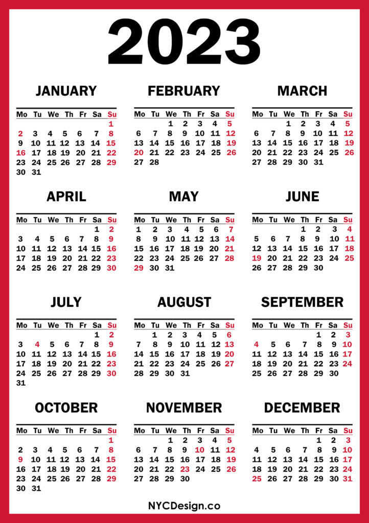 2023 Calendar With Us Holidays Printable Free Red Monday Start