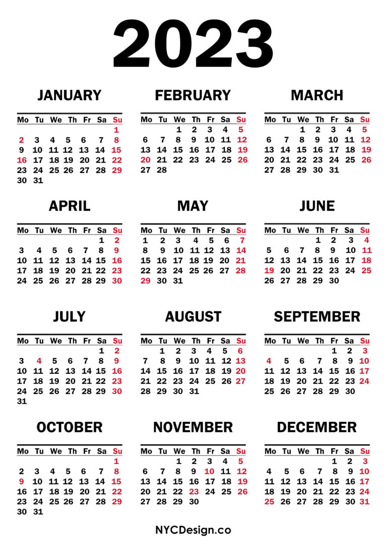 2023 Calendar with US Holidays, Printable Free, White – Monday Start ...