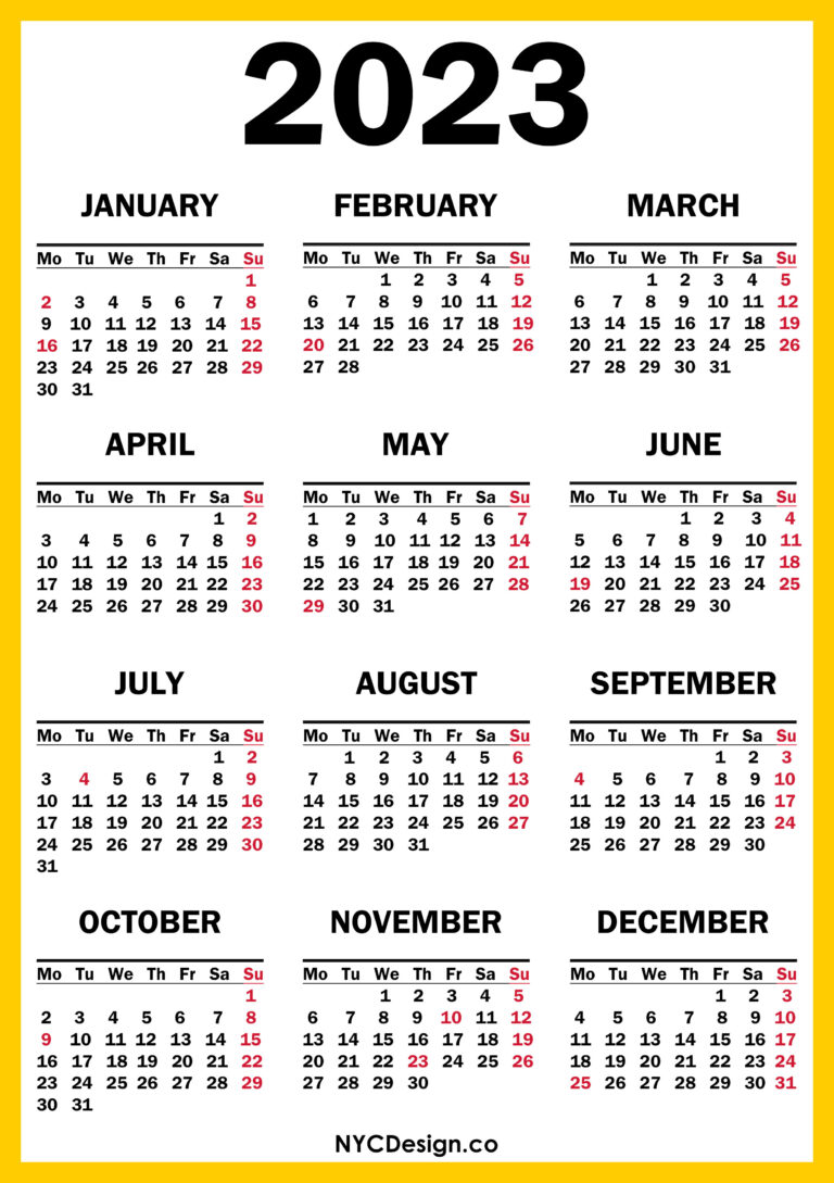 2023 Calendar with US Holidays, Printable Free, Yellow – Monday Start ...