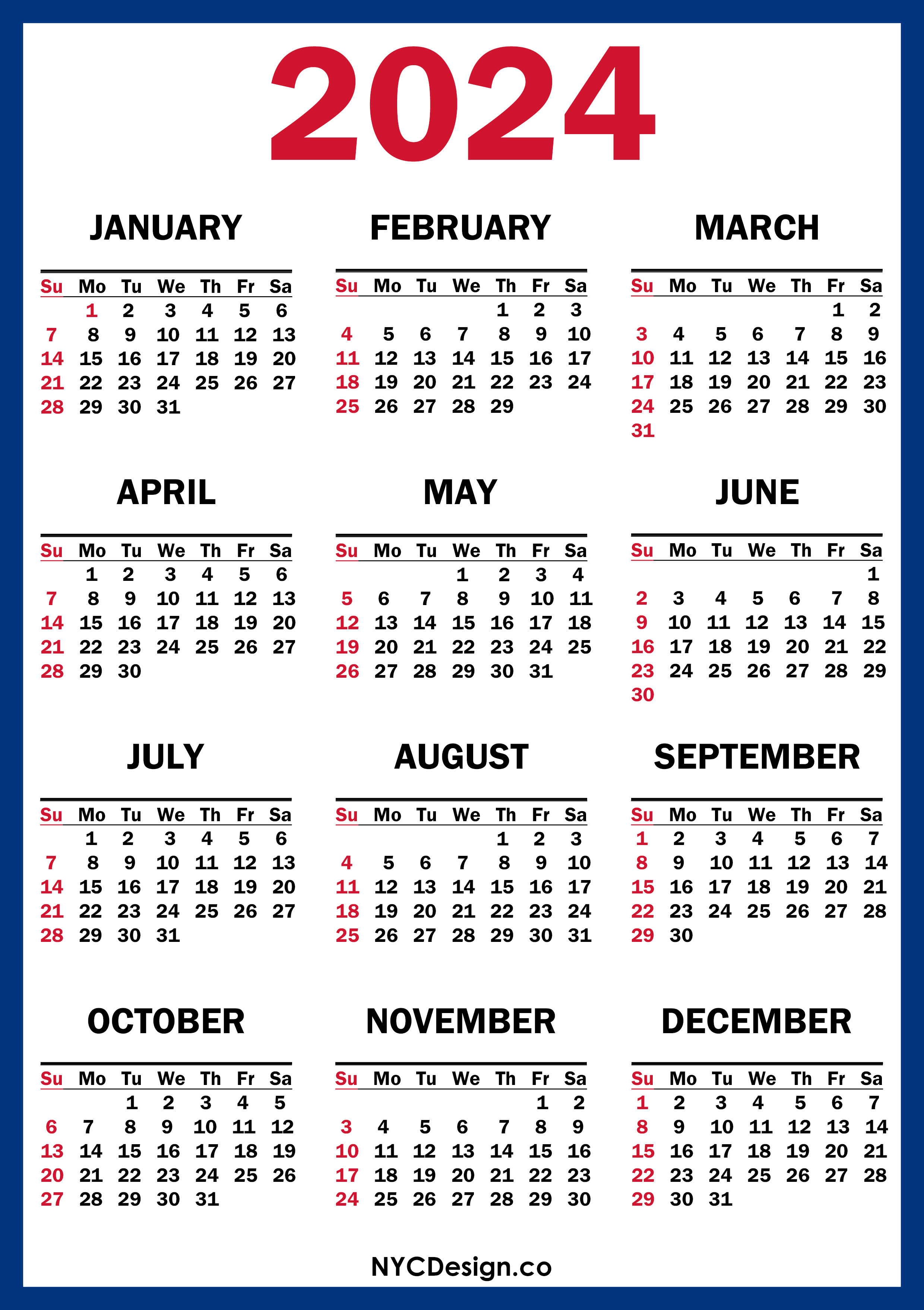 2024 Calendar Printable Free, Blue, Red Sunday Start nycdesign.us