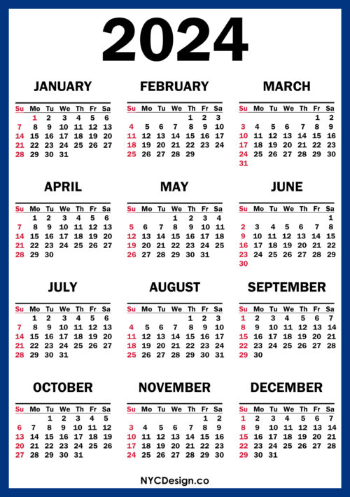 2024 Calendar Printable Free, Blue, Red – Sunday Start – nycdesign.us ...