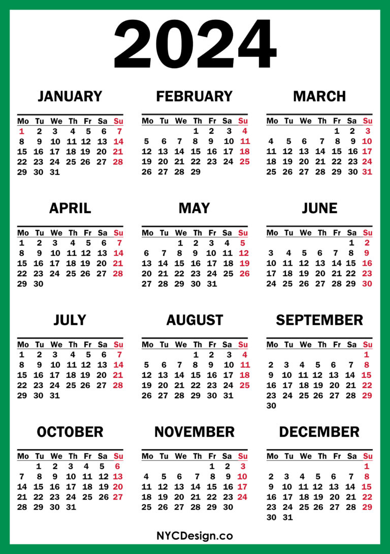 2024 Calendar Printable Free, Green, Red – Monday Start – nycdesign.us ...