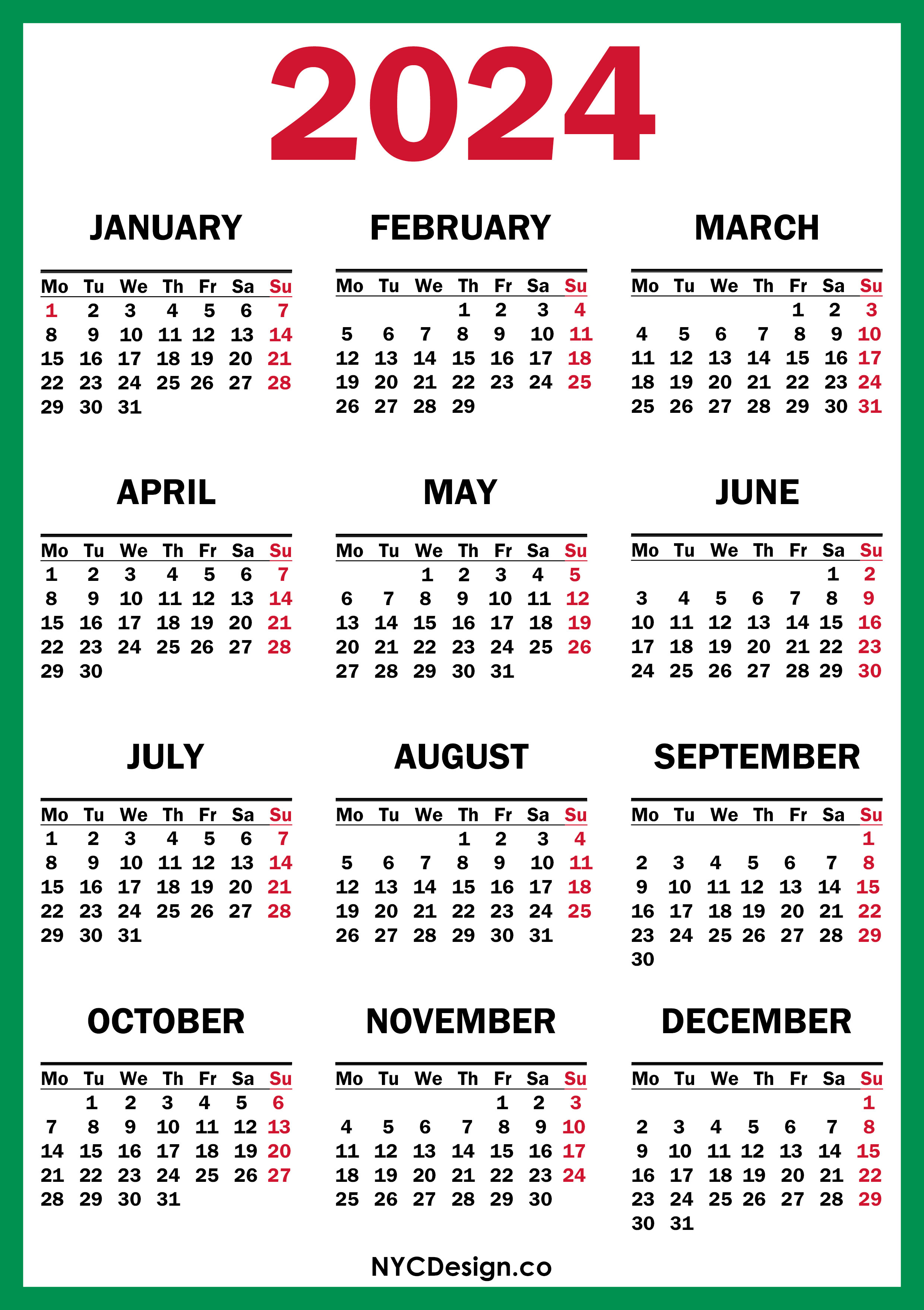 2024 Calendar Printable Free, Green, Red – Monday Start – nycdesign.us
