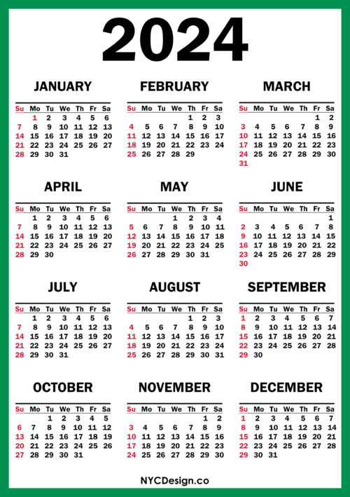 2024 Calendar Printable Free, Green, Red – Sunday Start – nycdesign.us ...