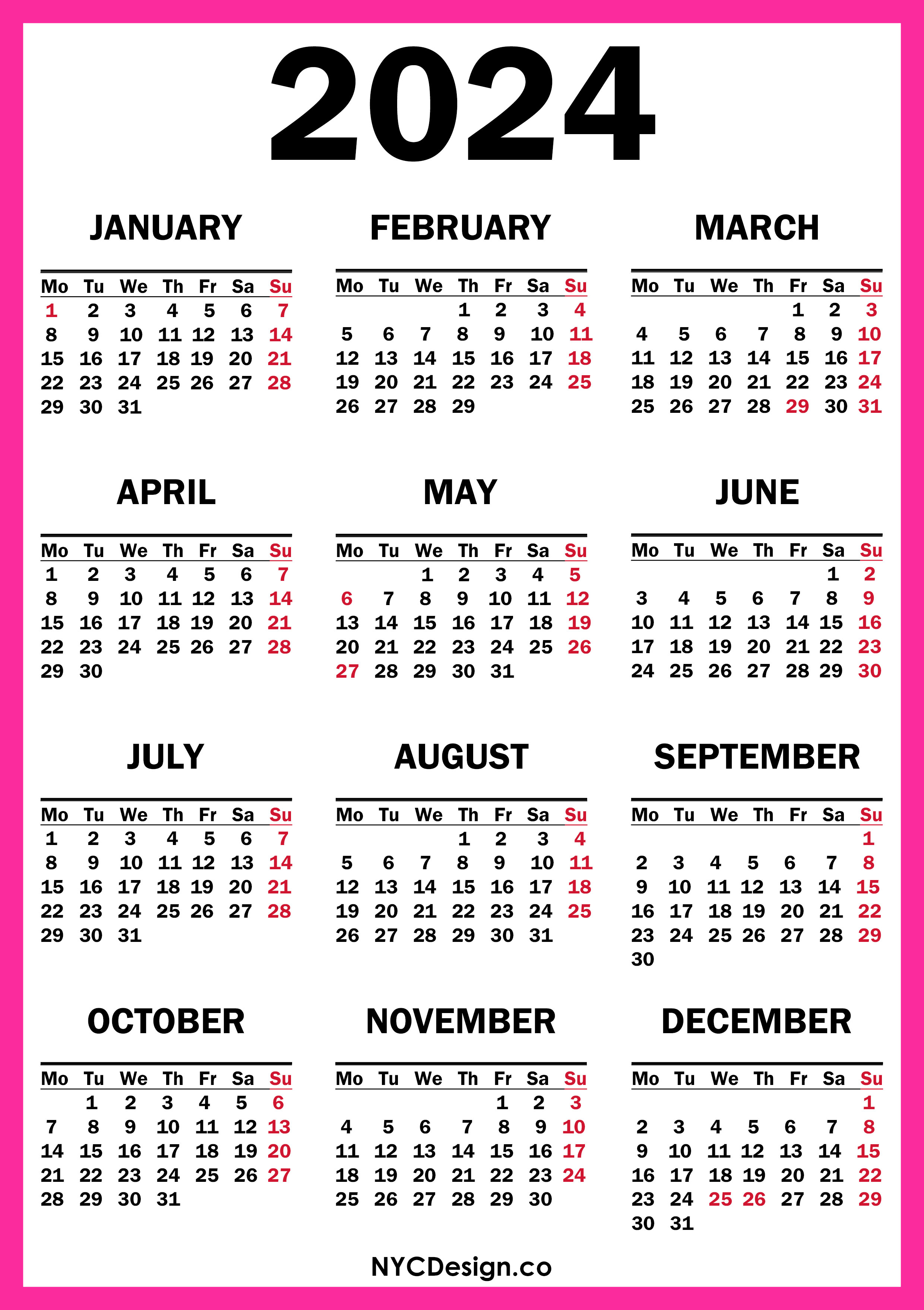 2024 Calendar with UK Holidays, Printable Free, Pink nycdesign.us