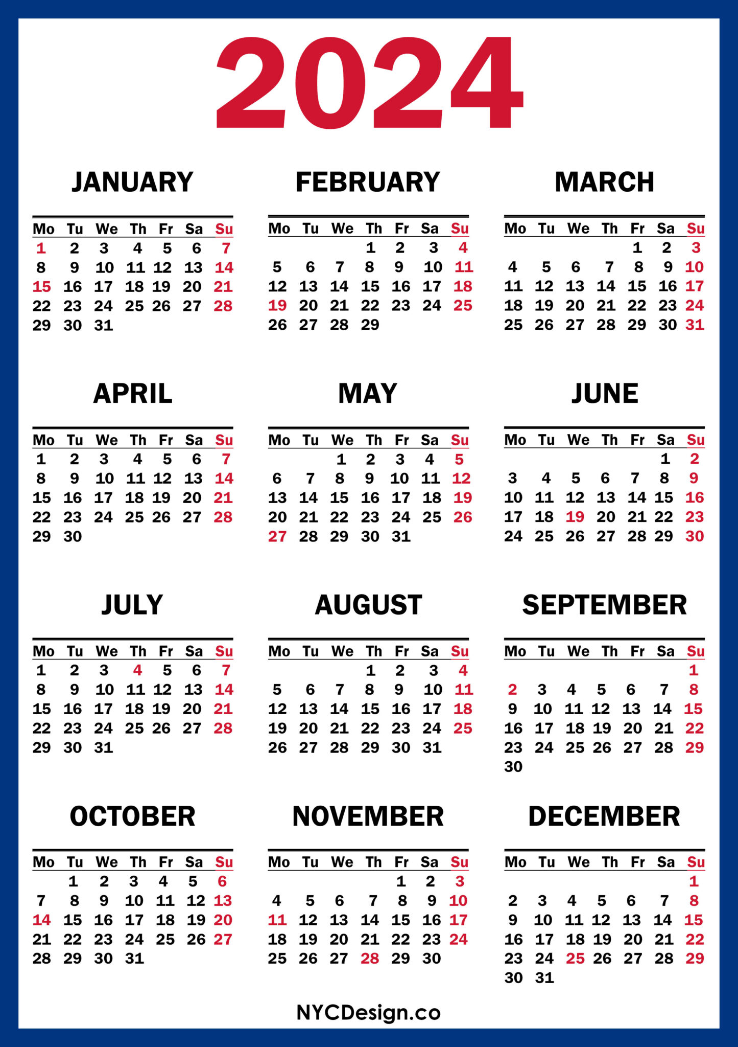 2024 Calendar with US Holidays, Printable Free, Blue, Red Monday