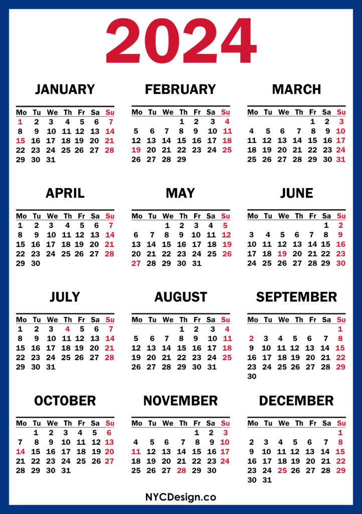 2024 Calendar with US Holidays, Printable Free, Blue, Red Monday