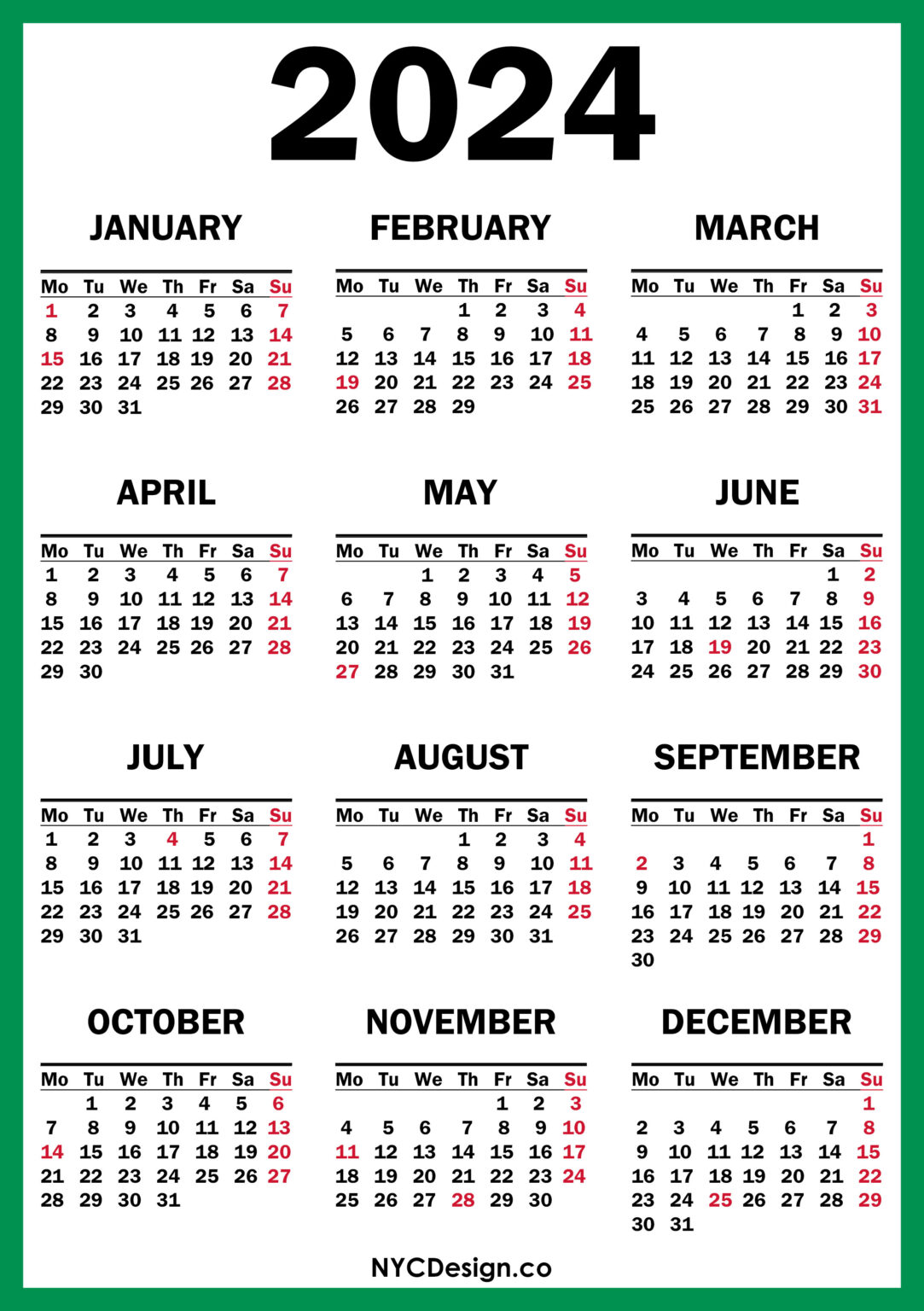 2024 Calendar with US Holidays, Printable Free, Green, Red – Monday