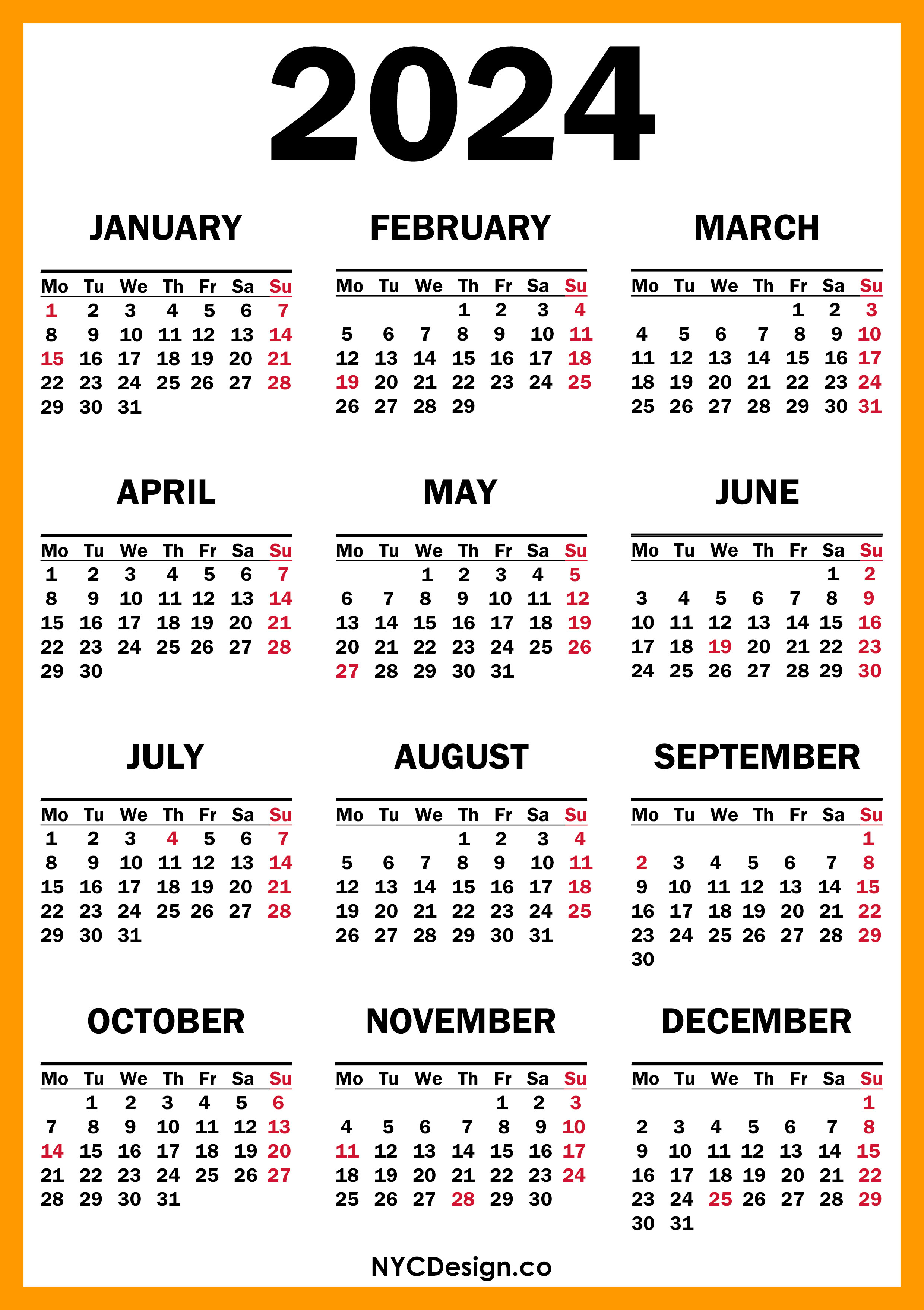 2024 Calendar With US Holidays Printable Free Orange Yellow Monday Start Nycdesign us
