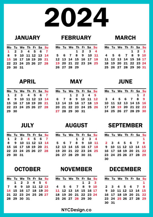 2024 Calendar With Us Holidays, Printable Free, Turquoise Blue – Monday 