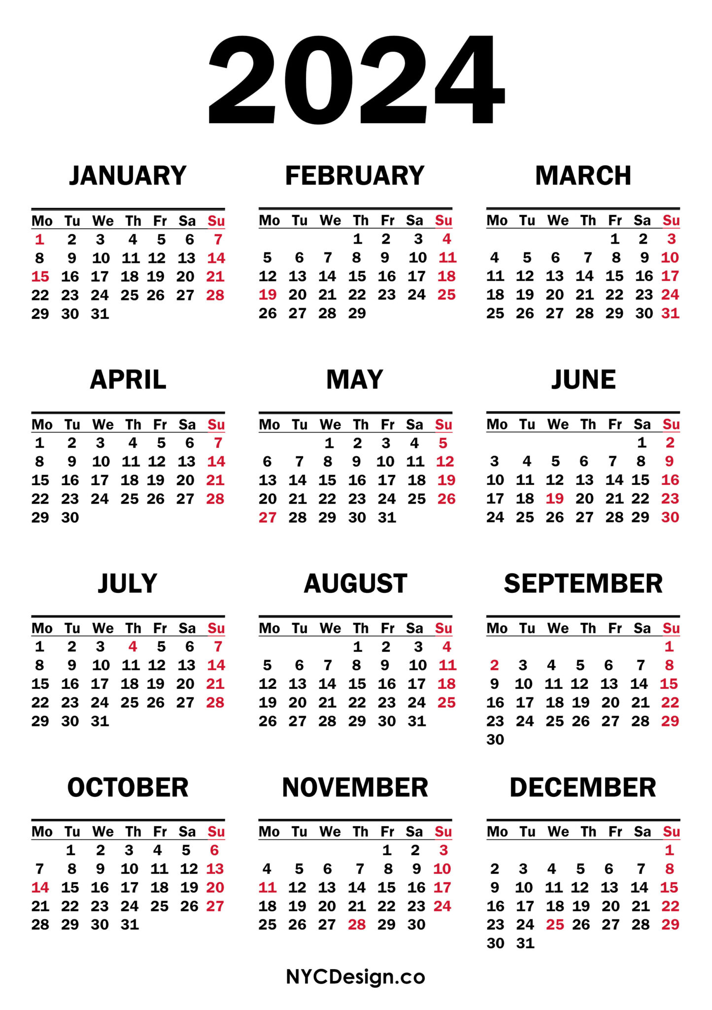 Printable 2024 Calendar With Holidays Free Opal Tracee