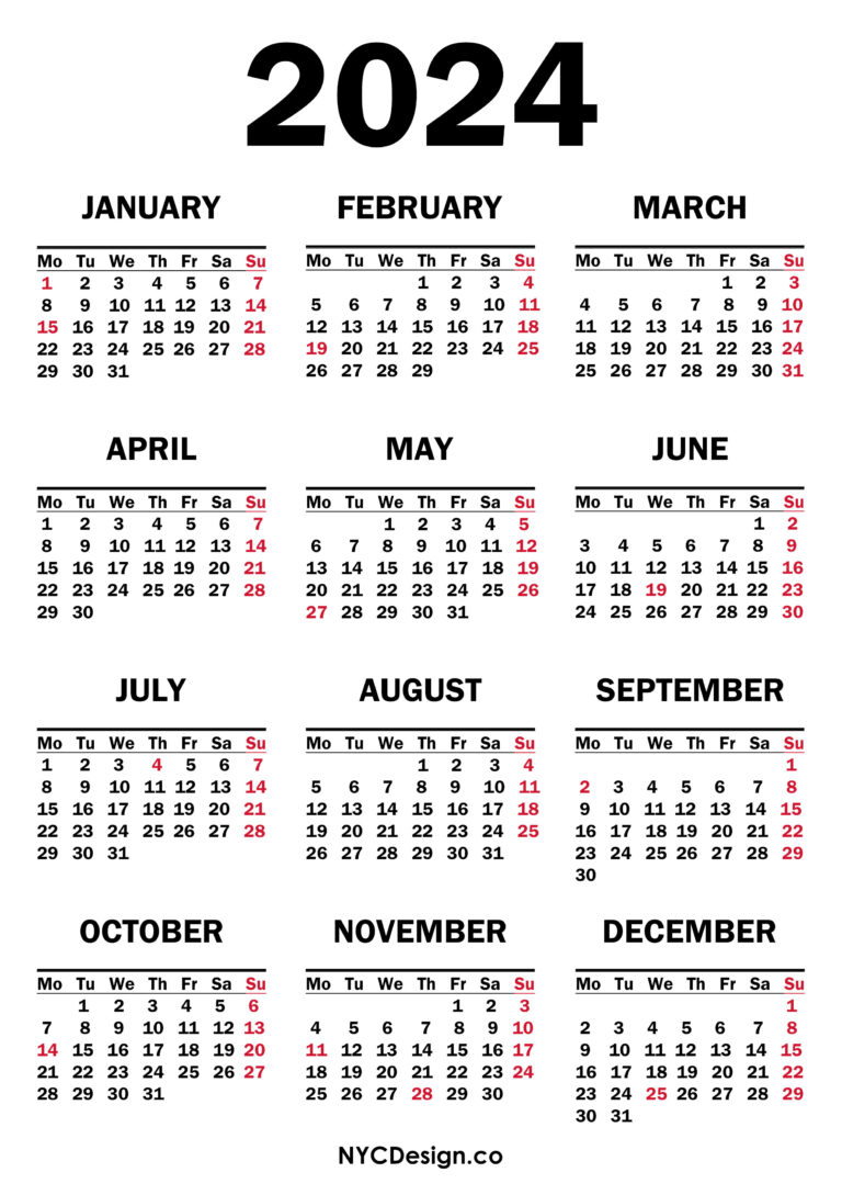 2024 Calendar with US Holidays, Printable Free, White – Monday Start ...
