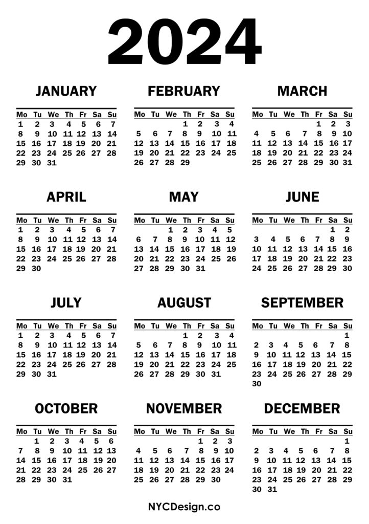 2024 Calendar Printable Free, White – Monday Start – nycdesign.us ...