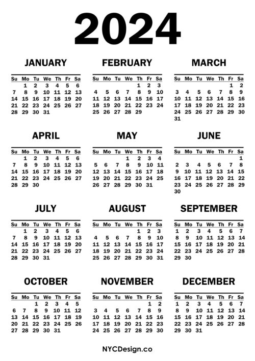 2024 Calendar Printable Free, White – Sunday Start – nycdesign.us ...