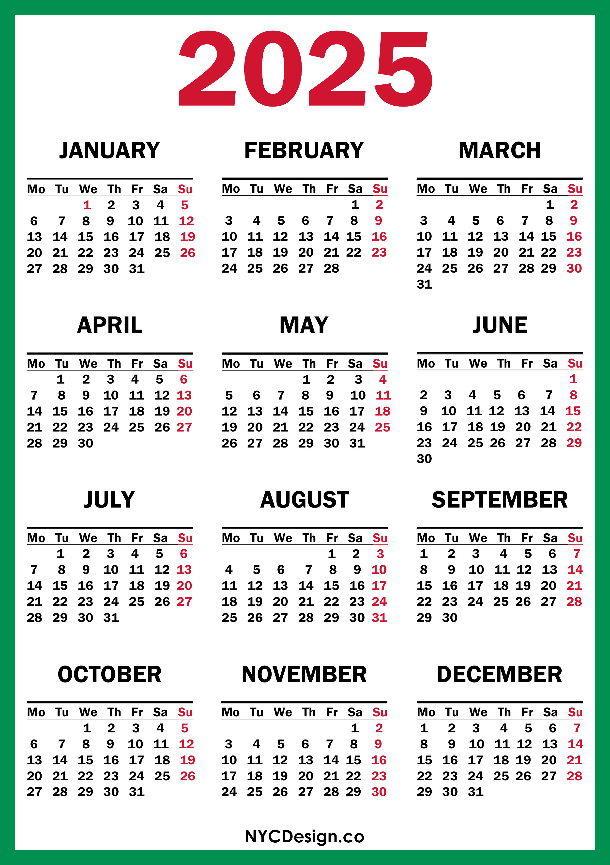 2025 Calendar Printable Free, Green, Red Monday Start nycdesign.us