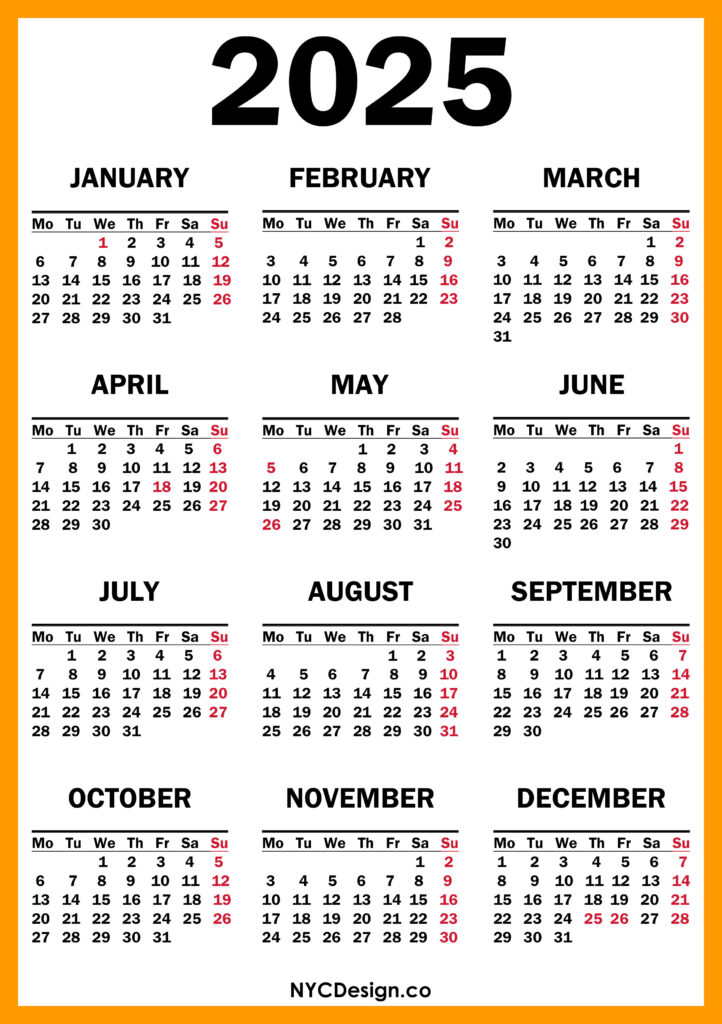 2025 Calendar with UK Holidays, Printable Free, Orange, Yellow