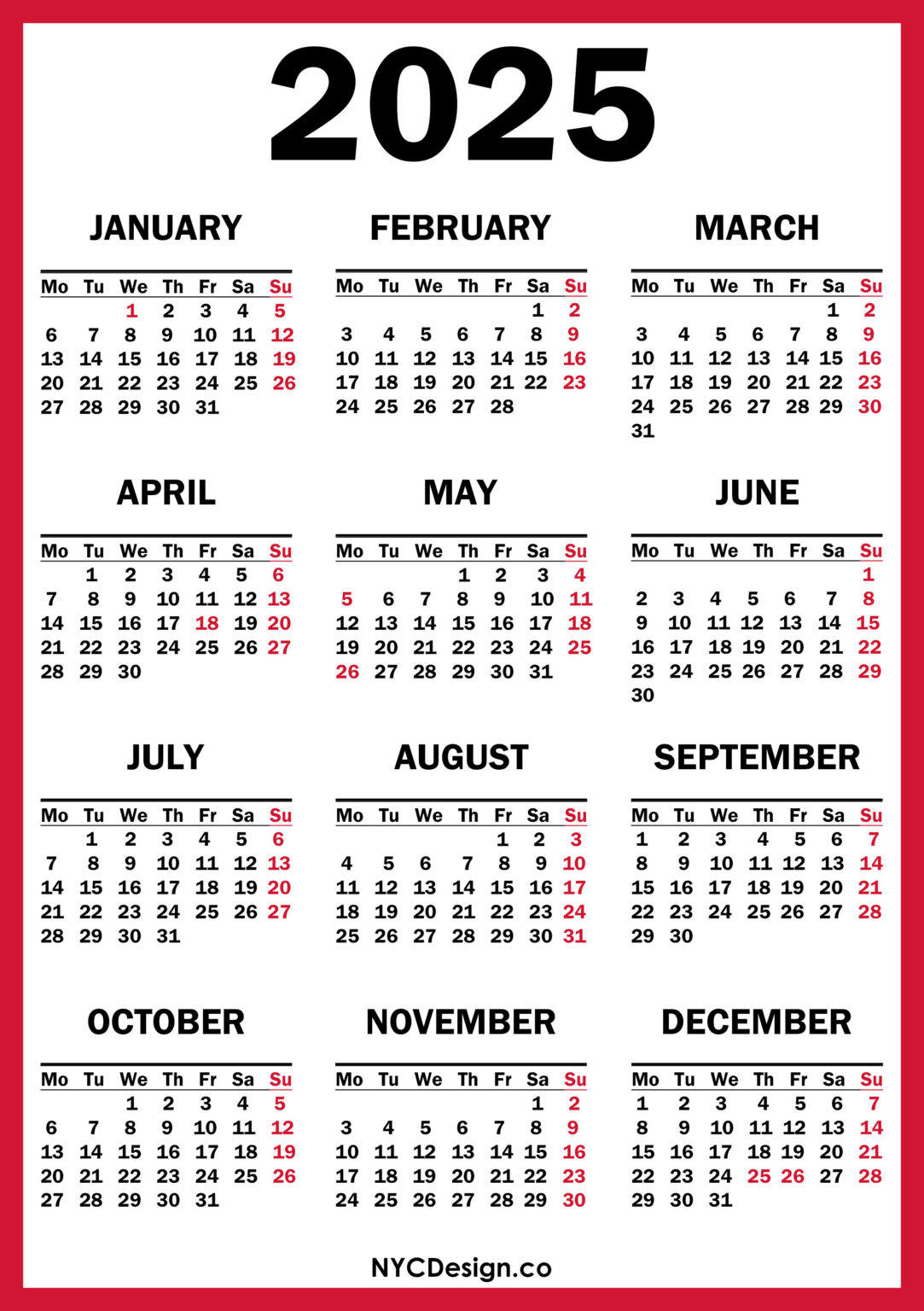 2025 Calendar with UK Holidays, Printable Free, Red nycdesign.us