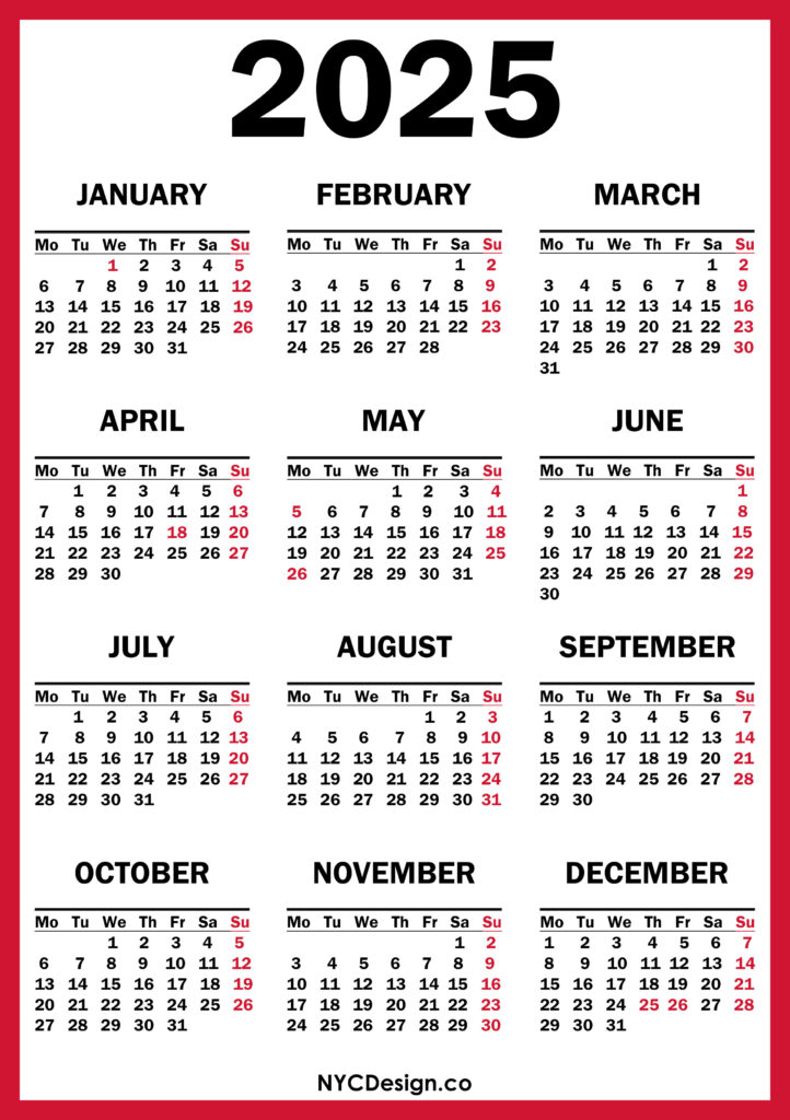 2025 Calendar with UK Holidays, Printable Free, Red nycdesign.us