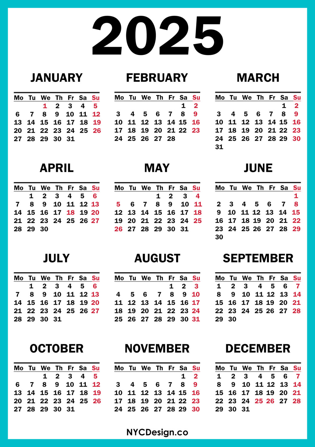 2025 Calendar with UK Holidays, Printable Free, Turquoise Blue