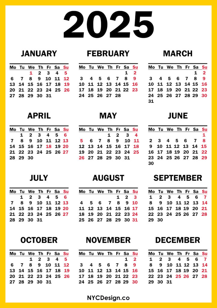 2025 Calendar with UK Holidays, Printable Free, Orange, Yellow