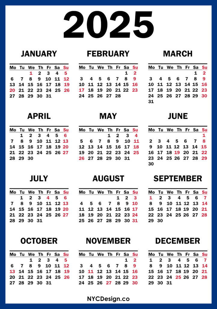 2025 Calendar with US Holidays, Printable Free, Blue, Red Monday