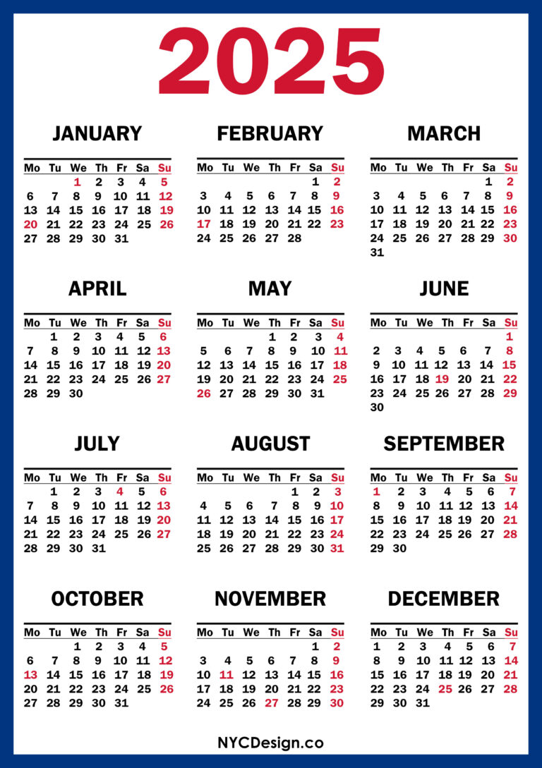 2025 Calendar with US Holidays, Printable Free, Blue, Red Monday