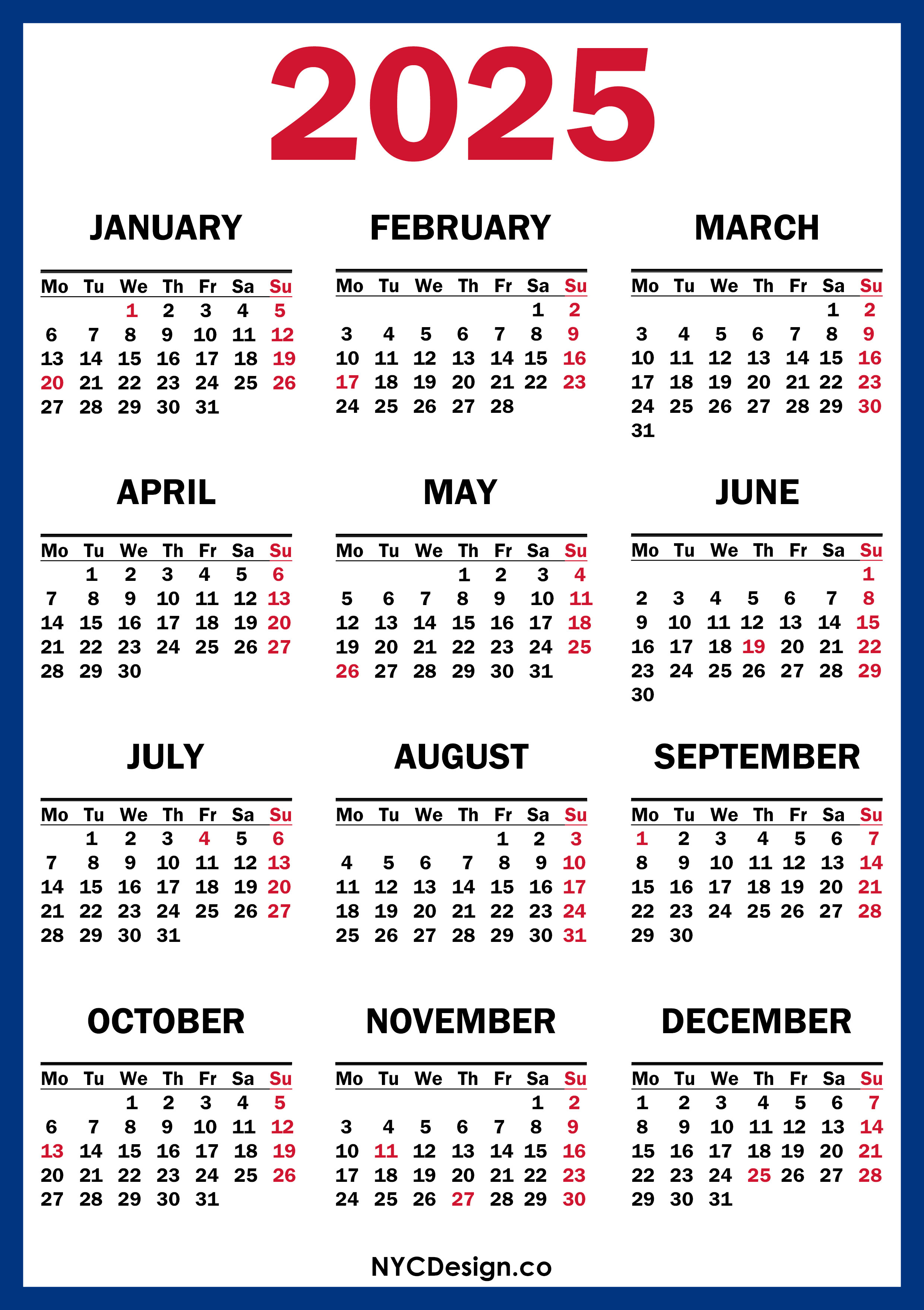 2025 Calendar with US Holidays, Printable Free, Blue, Red – Monday ...