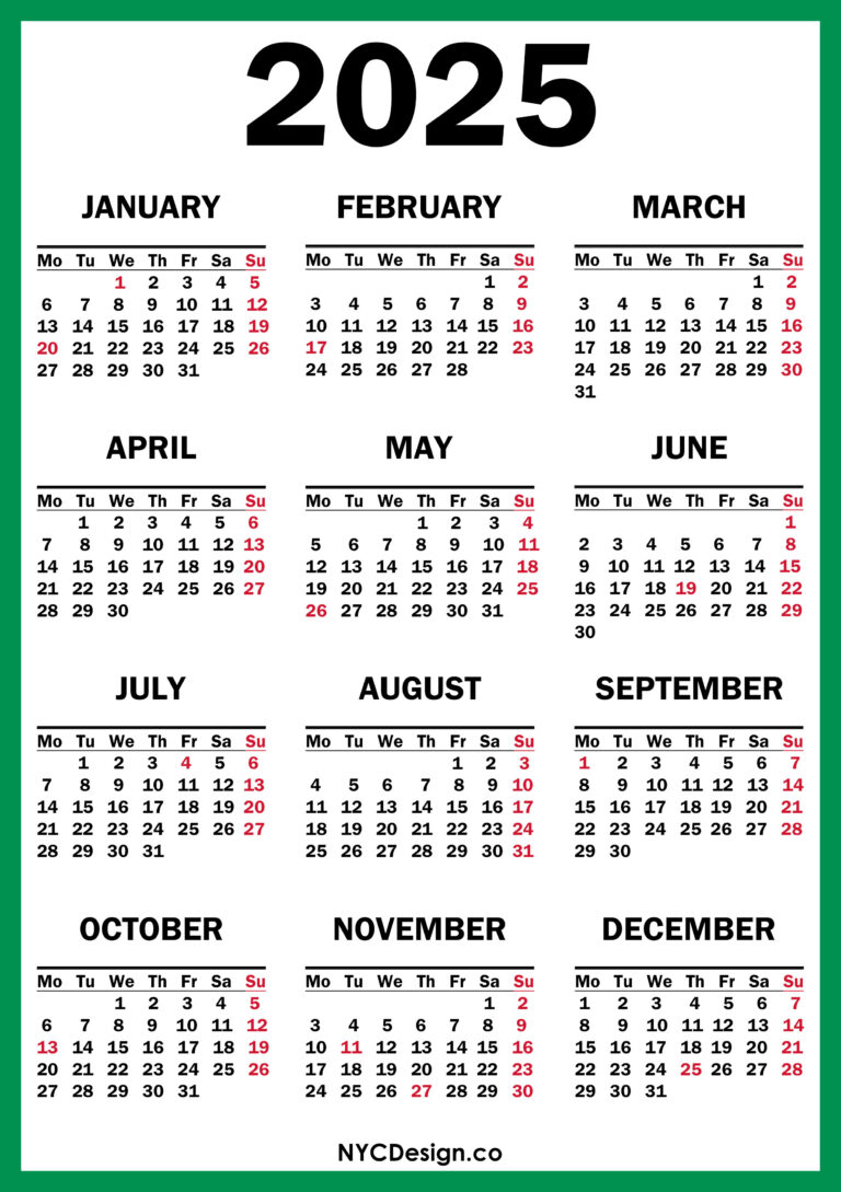 2025 Calendar with US Holidays, Printable Free, Green, Red Monday