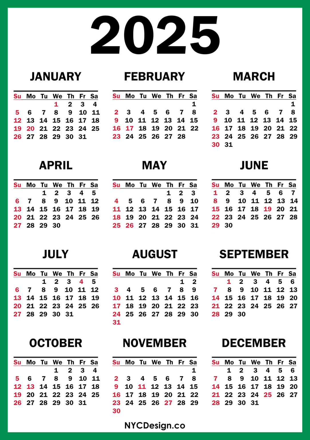 2025 Calendar with US Holidays, Printable Free, Green, Red Sunday