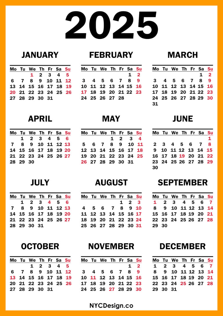 2025 Calendar with US Holidays, Printable Free, Orange, Yellow Monday