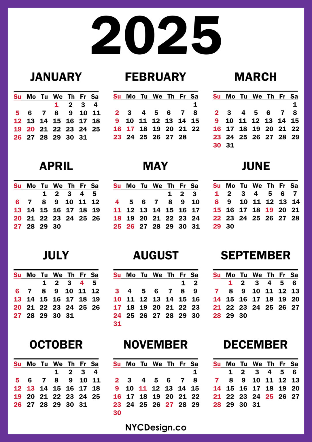 2025 Calendar with US Holidays, Printable Free, Purple Sunday Start
