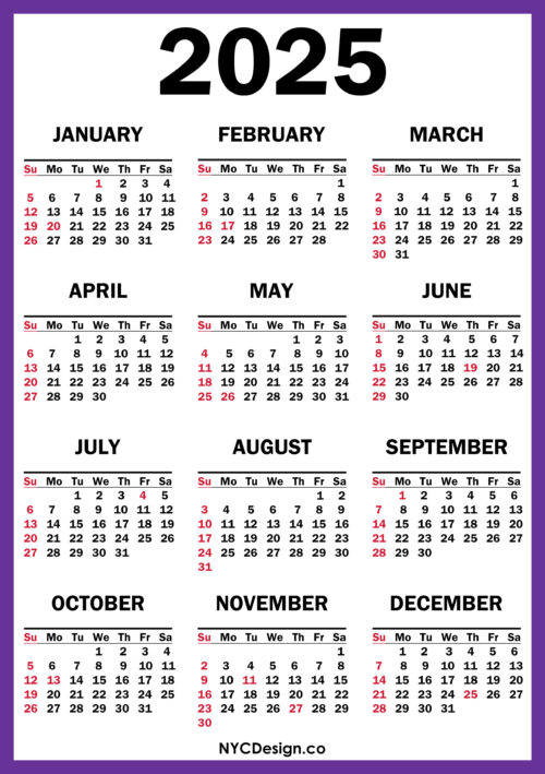 2025 Calendar with US Holidays, Printable Free, Purple Sunday Start