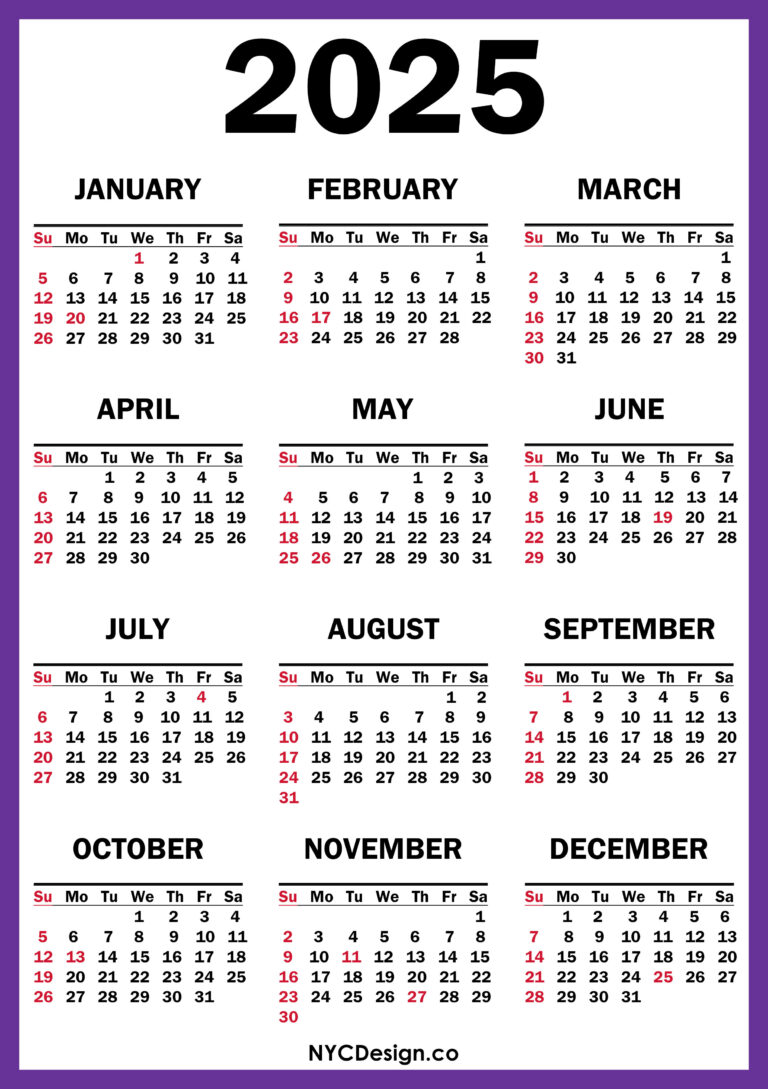 2025 Calendar with US Holidays, Printable Free, Purple Sunday Start